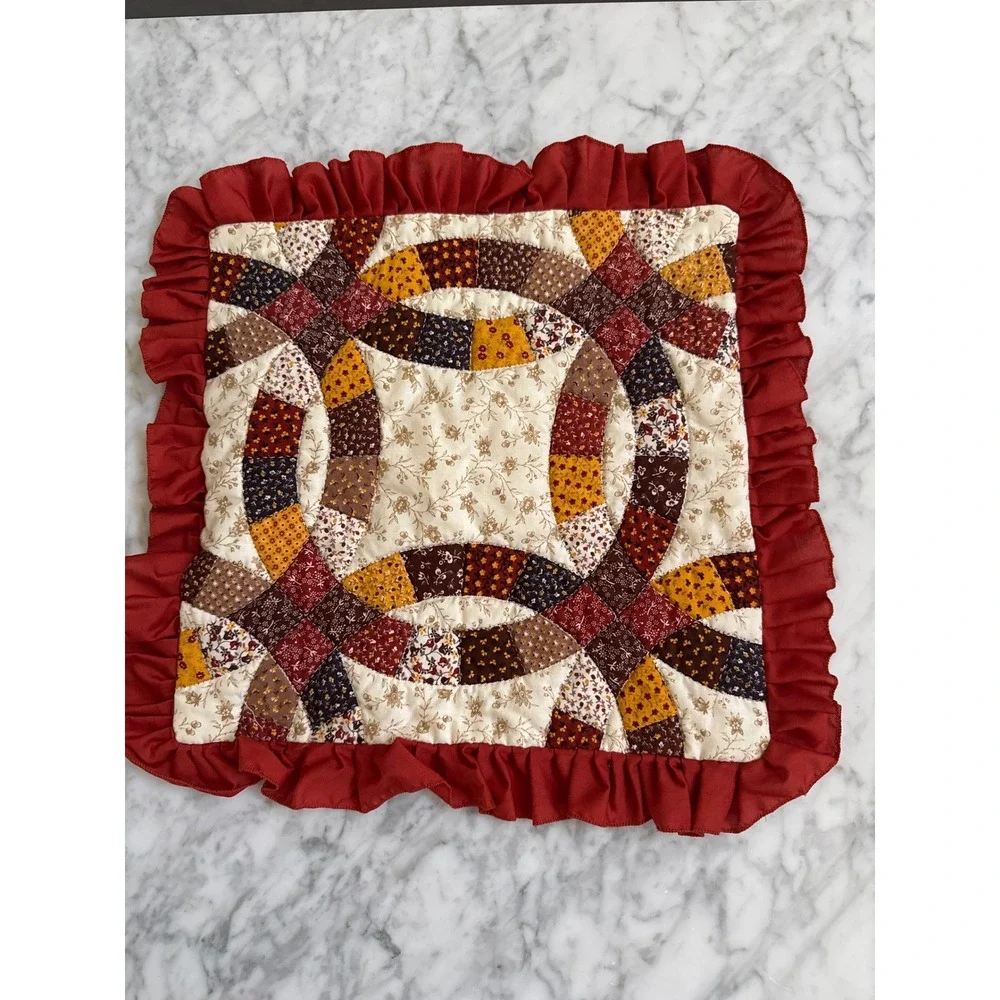 Quilted Double Wedding Ring Pillow Sham Ruffled Red Floral Patchwork 13x13